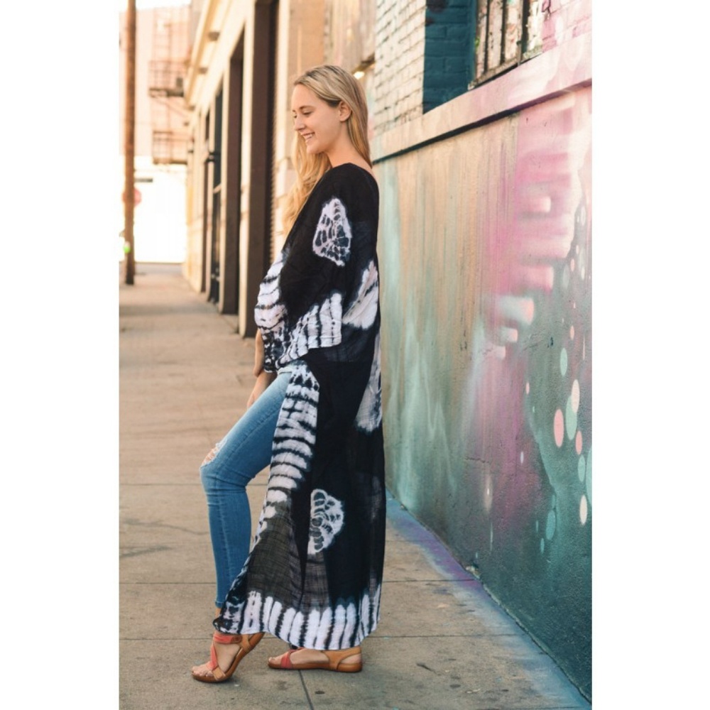 Kimono tie dye wrap cover up long BLACK - Picture 3 of 4